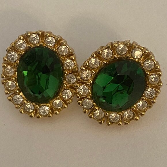 Classic Christian Dior signed green, crystal, gold stud earrings - Picture 1 of 4